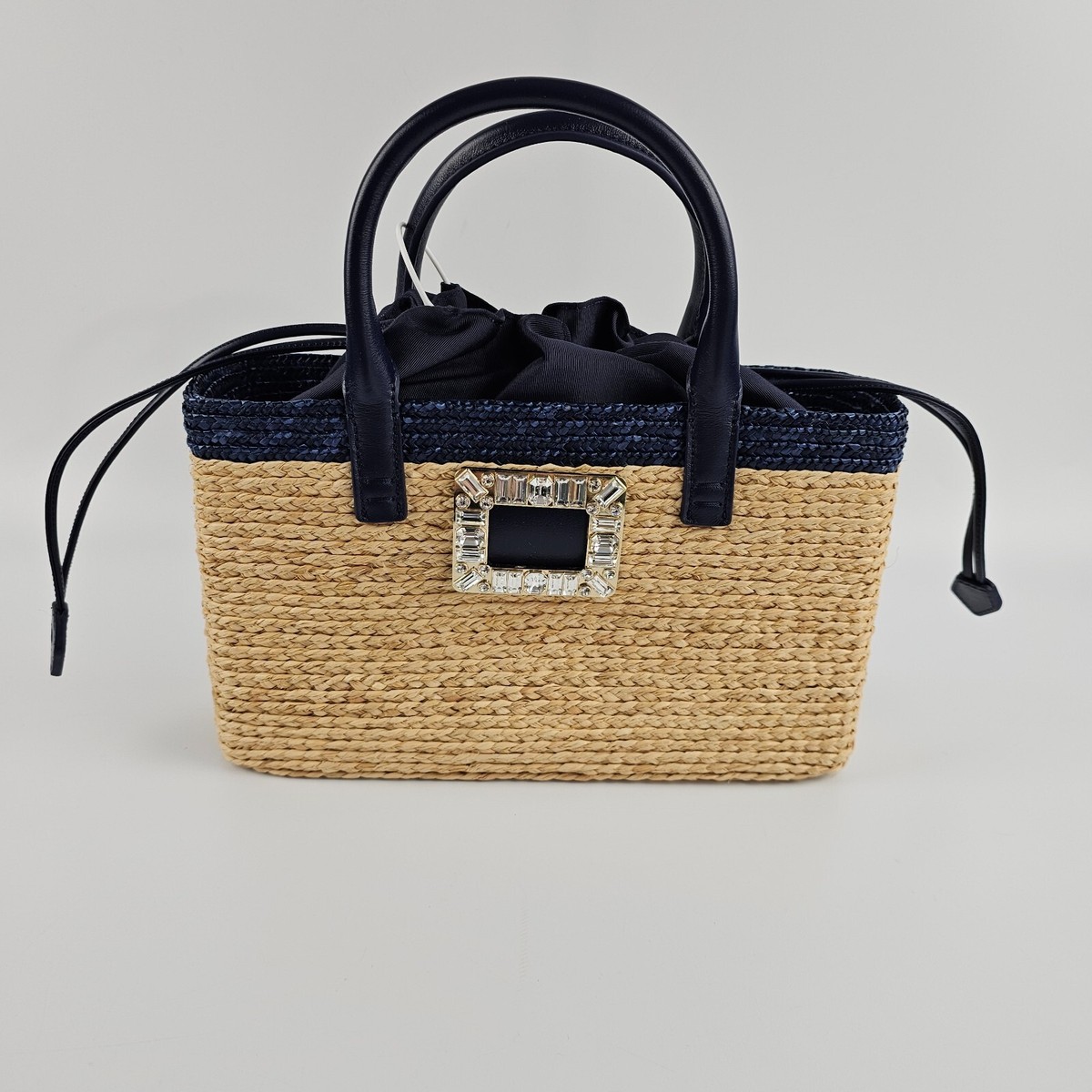 ROGER VIVIER Viv Skate Strass Buckle Small Raffia Blue Tote