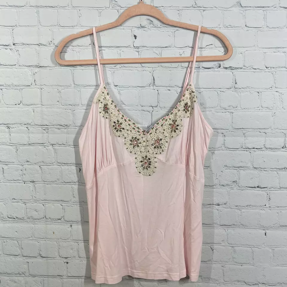 Camisola vintage años 00 Y2K mujer grande rosa ganchillo cuentas babydoll coqueta top Foto 2 de 4