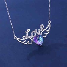 LOVE  Wings Blue Heart-shaped Rhinestone Pendant Necklace Jewelry Exquisite New