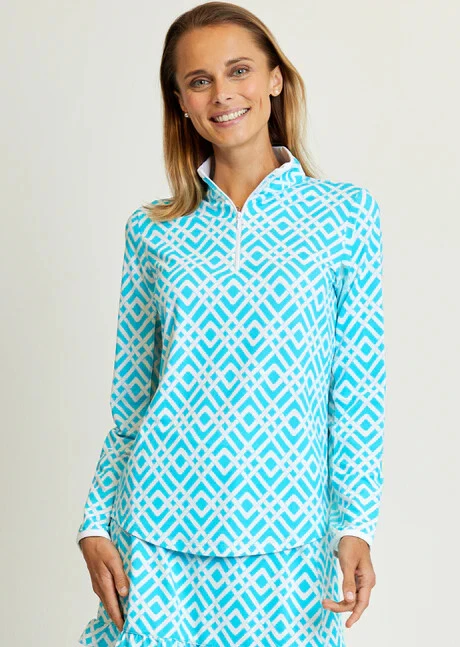 NWT Ladies G LIFESTYLE TRELLIS TURQUOISE Long Sleeve Mock Golf Shirt S M L & XL