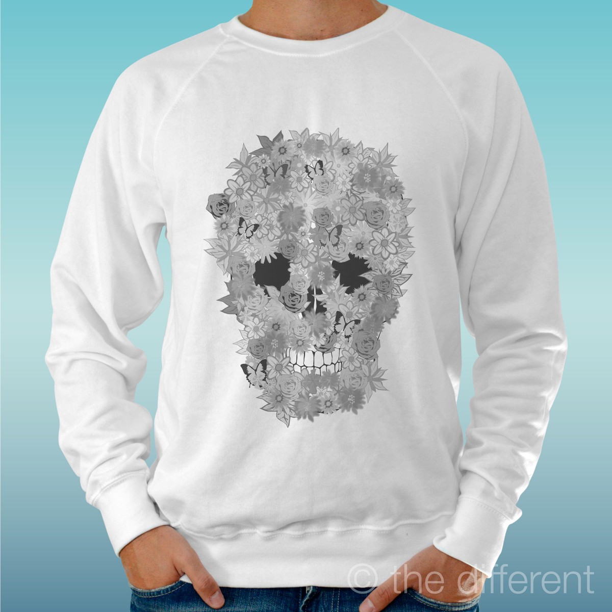 FELPA UOMO LEGGERA SWEATER BIANCO SKULL TESCHIO FIORI ROAD TO