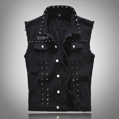 Mens Studded Denim Gilet Sleeveless Biker Jacket Shirt Waistcoat Jeans Punk Cool - Picture 6 of 14