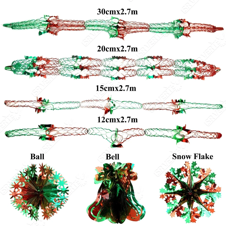 Red-Green Christmas Foil Ceiling Decoration Garlands Bells Stars Snowflake Ball
