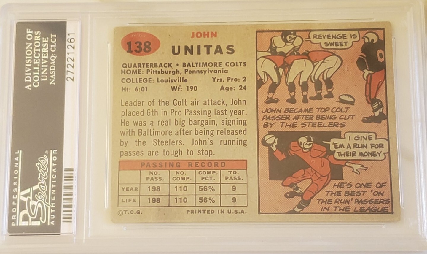 1957 Topps Johnny Unitas #138 PSA 3 Rookie Football Card view 5