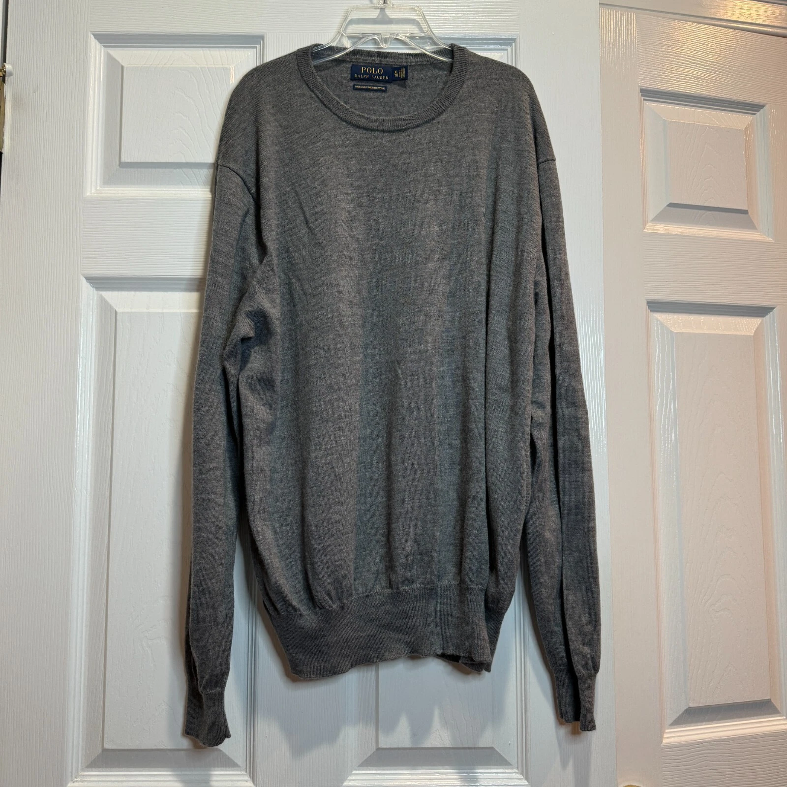 RALPH LAUREN POLO Mens Washable Merino Wool Crew Neck Sweater Size XL Light Grey