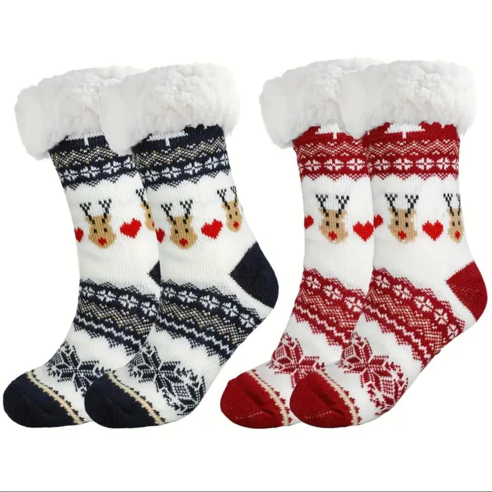 Womens Slipper Socks Non Slip Knitted Fluffy Thick Soft Warm Sherpa with Grips - Image 2 of 4