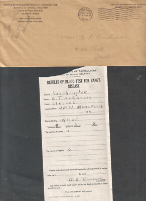 1935 Dept Of Agriculture Olympia WA cover/blood test result for Bang's Disease
