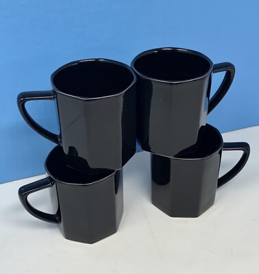 Set 4 Jack Lenor Larsen Mikasa Obsidian Black Terra Nova Coffee Mug Cup Vintage