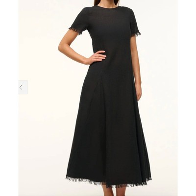 STAUD Black Le Havre Frayed Edges Cotton Midi Dress Women's Size M/L NWT Beach