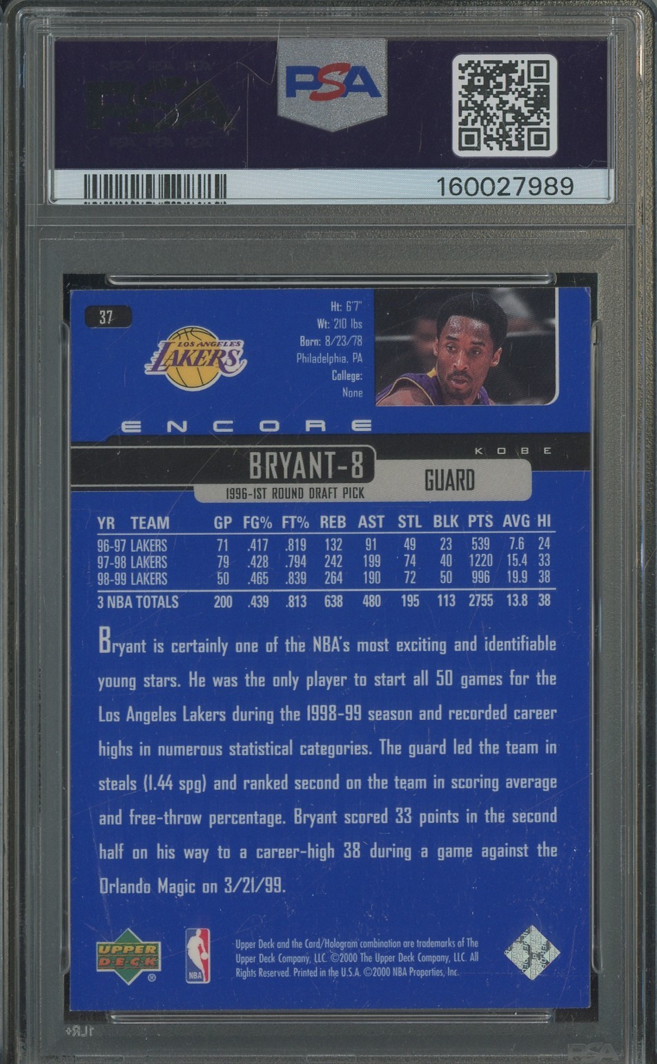 1999 UD Encore #37 Kobe Bryant Los Angeles Lakers HOF PSA 6 EX-MT view 2