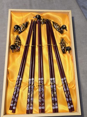 Chinese Lacquer Duck Chopstick Rest Set Fu Symbol Dragon Box Prosperity Gift