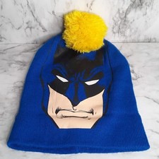 DC Comics Batman Beanie Hat Kids S/M 4-7Y Blue Yellow Pom Pom Graphic Knit