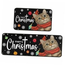 Christmas Decorations for Home Cat Merry Christmas Kitchen Rugs Set of 2,
