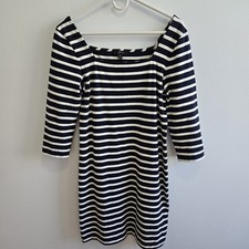 J. Crew 100 Cotton Dress Blue White Stripes Square Neck 3/4 Sleeves M Preppy