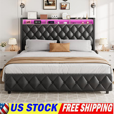 Queen King Size Bed Frame with 4 Storage Drawers Bed Frame with Upholstered LED