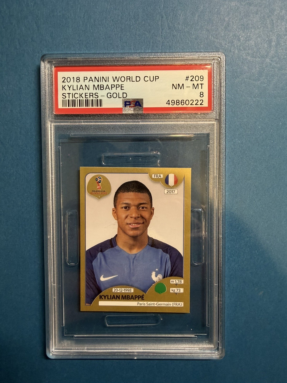 🔥2018 Panini World Cup Soccer Kylian Mbappe Stickers Gold #209 RC Rookie PSA 8