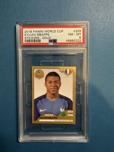 🔥2018 Panini World Cup Soccer Kylian Mbappe Stickers Gold #209 RC Rookie PSA 8