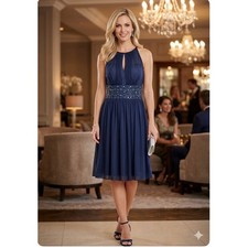 La Nouvelle Renaissance Navy Blue Beaded Waist Pleated Chiffon Cocktail Dress 12