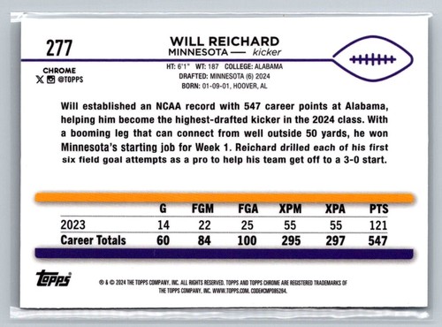 2024 Topps Chrome #277 Will Reichard - Picture 2 of 2