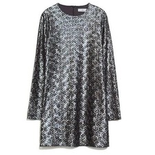 Zara W B Collection Sequin Mini Dress Womens Medium Silver Black Long Sleeve