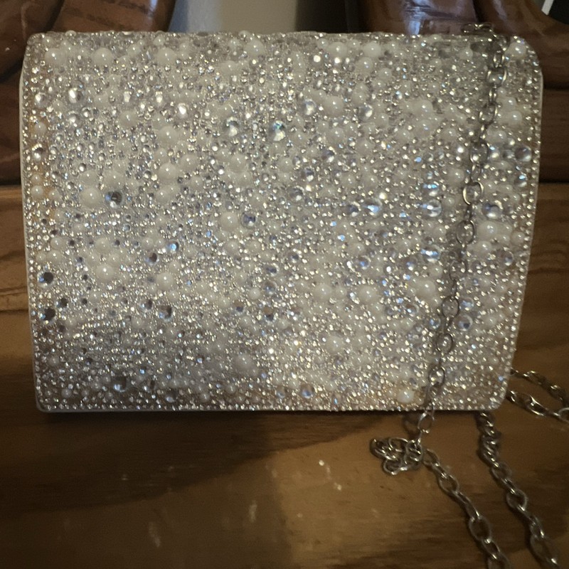 Ivory Beaded Rhinestone Clutch Bag Evening Purse with Silver Chain Strap