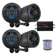 2 Pair of Pyle 5.25" 180W 2-Way Marine Off-Road Black Speakers, Amplifier, Wire