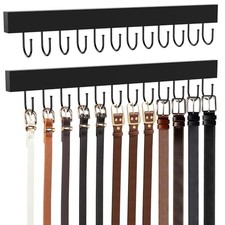 Belt Hanger Wall Mount, Wooden Closet Belt Organizer with 24 Metal Hooks, Black