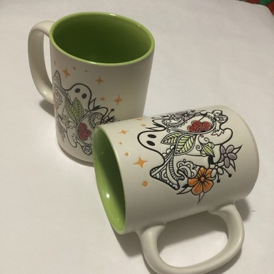 Pair of Spectrum TATTOO BOO GHOST SPIRIT Green Leaf Ceramic Mugs