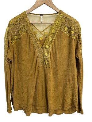 Free People Ribbed Golden Rod V Neck Sheree Lace Detail Ohh Sleeve Top Small