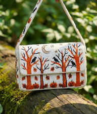 Halloween Beaded Purse Pumpkin Autumn Fall Forest Crow Moon Shoulder Bag Clutch