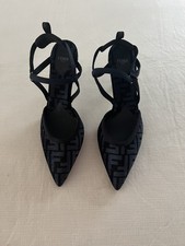 Fendi Colibri Lite FF Monogram Logo Slingback High Heels Blue Black Zucca 42 12