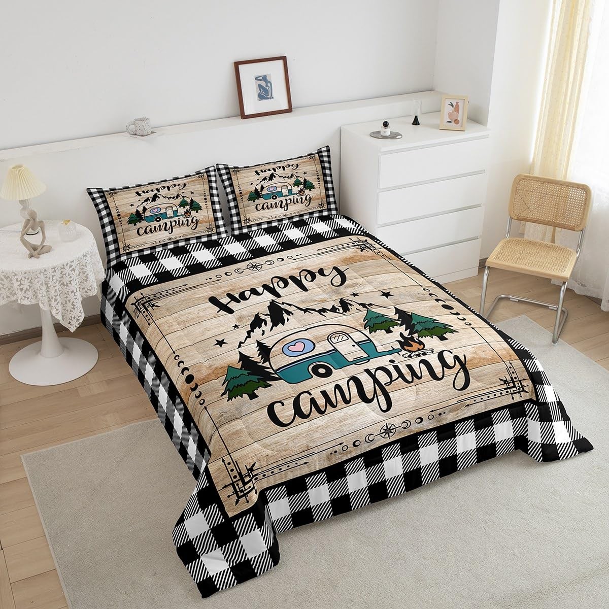 Camp Travel Car Comforter Set Balck and White Buffalo Plaid Queen Bedding Set...