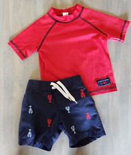 JANIE AND JACK Swim Set Rashguard Trunk Shorts 6-12 M EUC Red Blue Swim Shirt