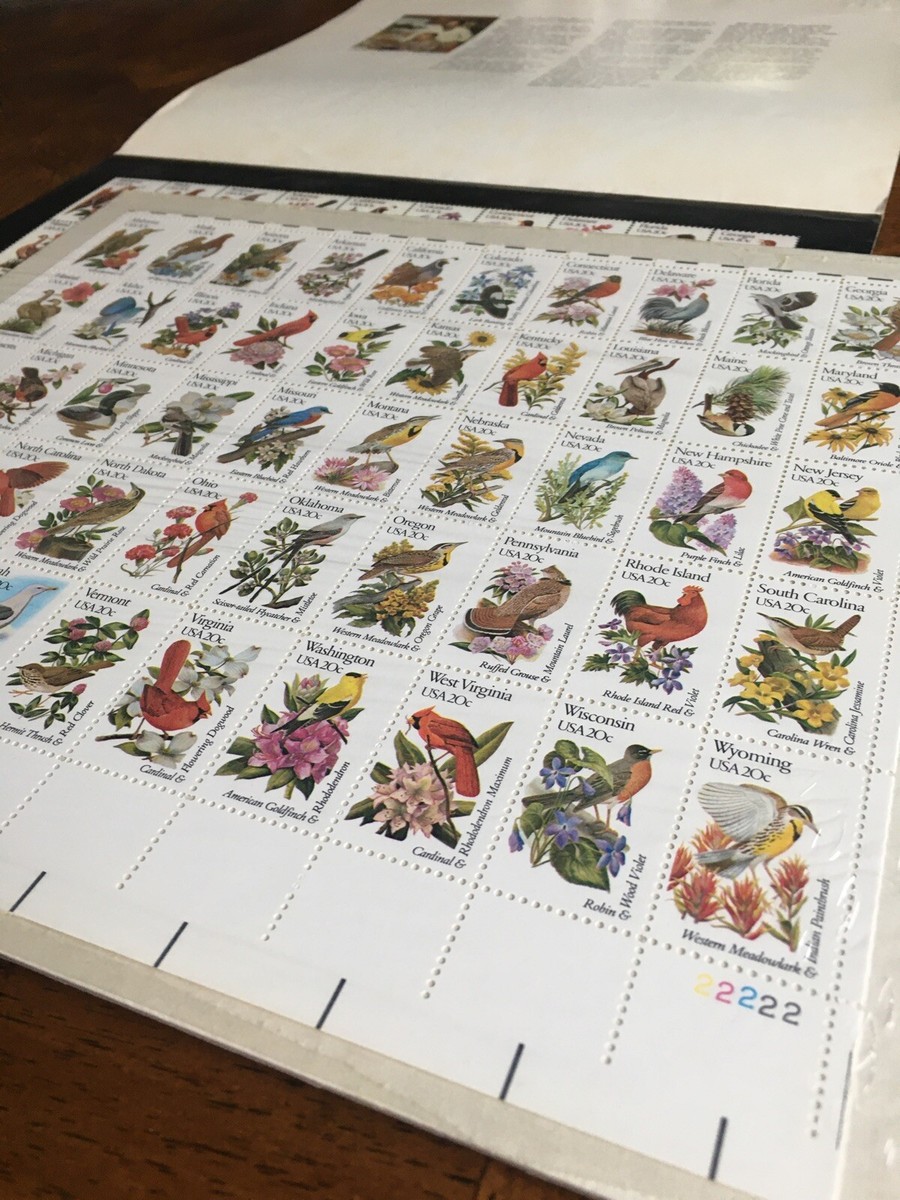 1981 Sheet of 50 State Bird and Flower Stamps, USA Postage