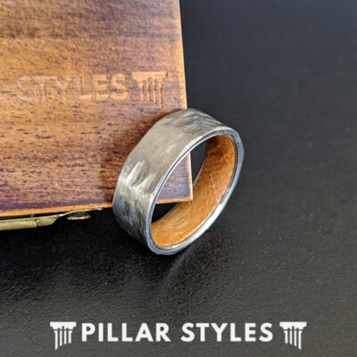 Hammered Silver Whiskey Barrel Ring Mens Wedding Band 8mm Whiskey Wood Ring