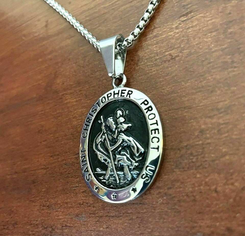 DEZILOO Mens Saint St Christopher Medal Pendant Necklace Stainless ...