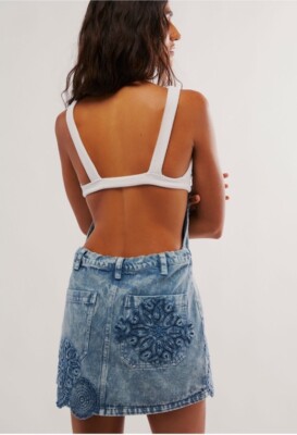 Free People We The Free All Daisy Skirtall Crochet Overalls Mini Dress Blue  L | eBay