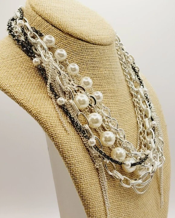 Style & Co Silver Tone Layered Multi Chain Faux Pearl Hematite Necklace $34.50  - Image 3 of 4