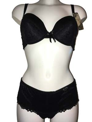 Black Bra & Boyshorts Set Underwired Padded Moulded T-Shirt Bra lace & diamante