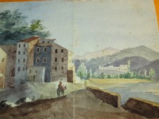 SCUOLA FRANCESE XIX DISEGNO ACQUERELLO PAESAGGIO COSTA MERIDIONALE AZZURRA IT...