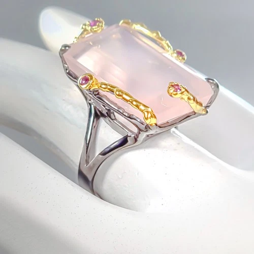 Joyería 37 ct Anillo Cuarzo Rosa Natural Plata de Ley 925 Talla 8/R438025 Foto 3 de 4