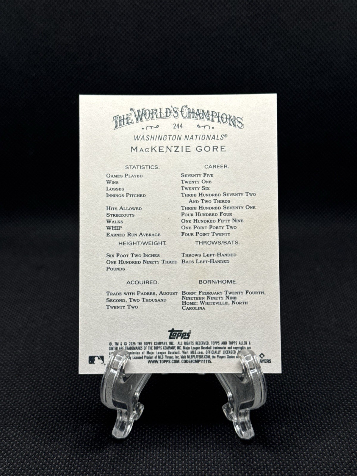 2025 Allen Ginter McKenzie Gore Filagree Orange /25 Washington Nationals