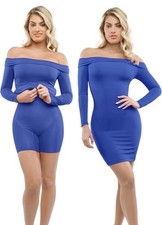 Popilush Long Sleeve Off Shoulder Mini Dress Shapewear Tummy Control Size M Blue