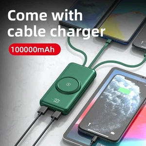 100000mAh Banque d'électricité sans fil – 6-in-1 Chargeur portable avec câbles intégrés.