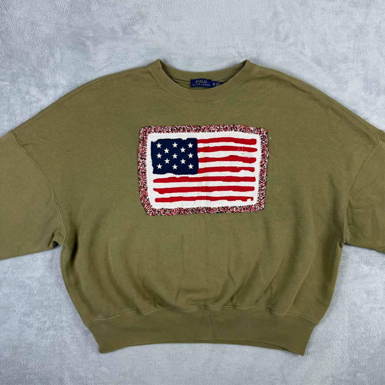Women's Vintage Polo Ralph Lauren USA Flag Khaki Green Oversized XS Sweatshirt image 2