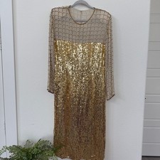 Vintage Gold Sequin Silk Dress Beaded Overlay Elegant Formal Long Sleeve 45  