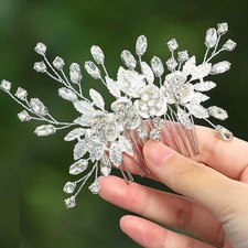 Bride Flower Wedding Hair Comb Silver Crystal Hair Piece Bridal Accessory