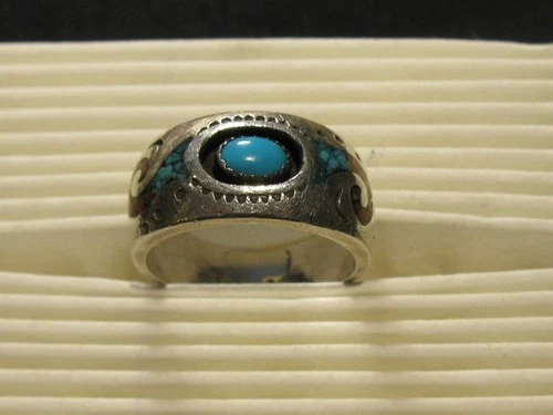 Vintage Sterling & Turquiose Inlay Shadowbox Wedding Band Sz 8.5 Circle JW 925