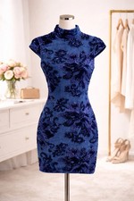 GUESS Blue Velvet Sequin Appliqué Dress – Size Medium – Mock Neck Bodycon