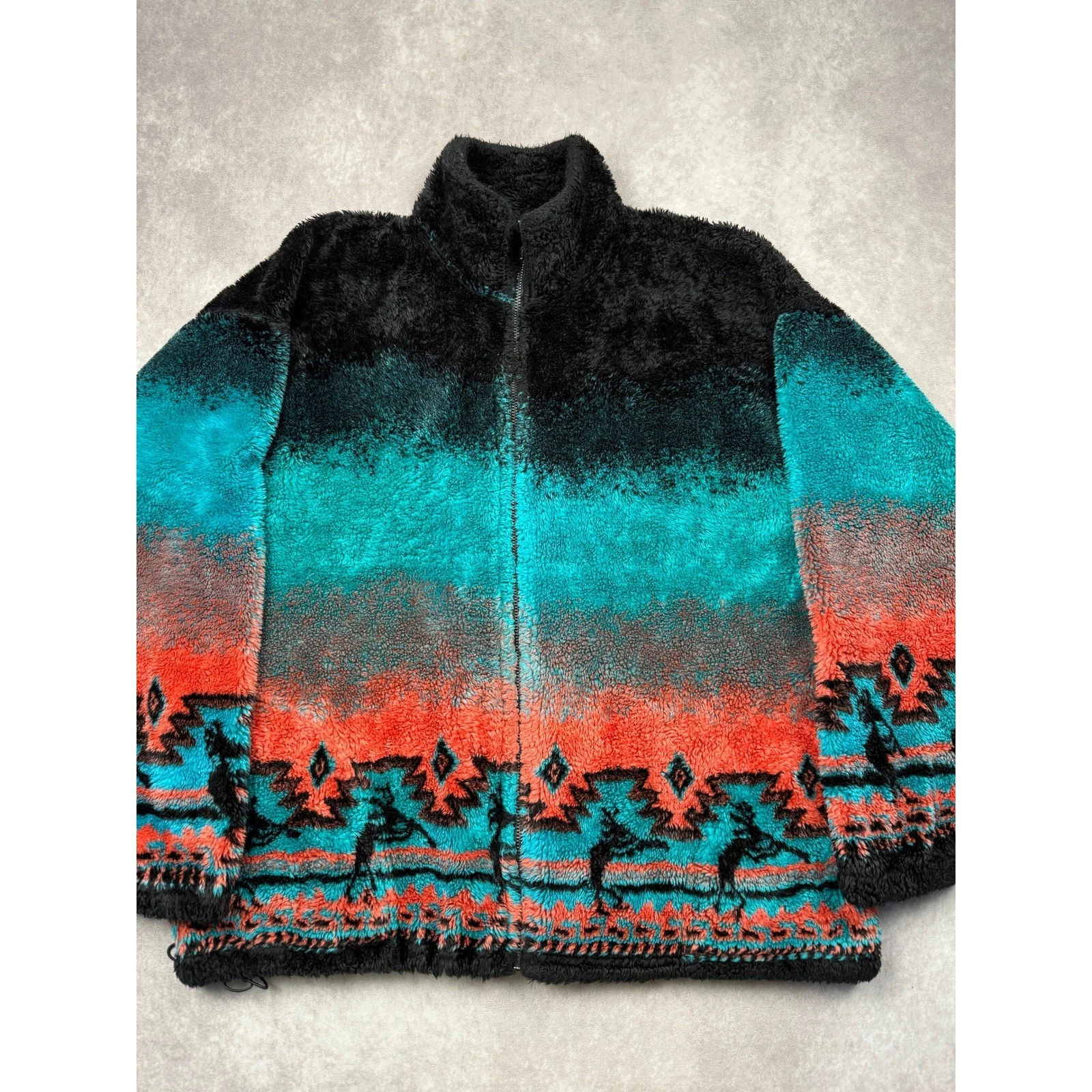 VTG Tribal Kokopelli Fleece Jacket Southwestern Aztec Teal Orange Men XXL USA